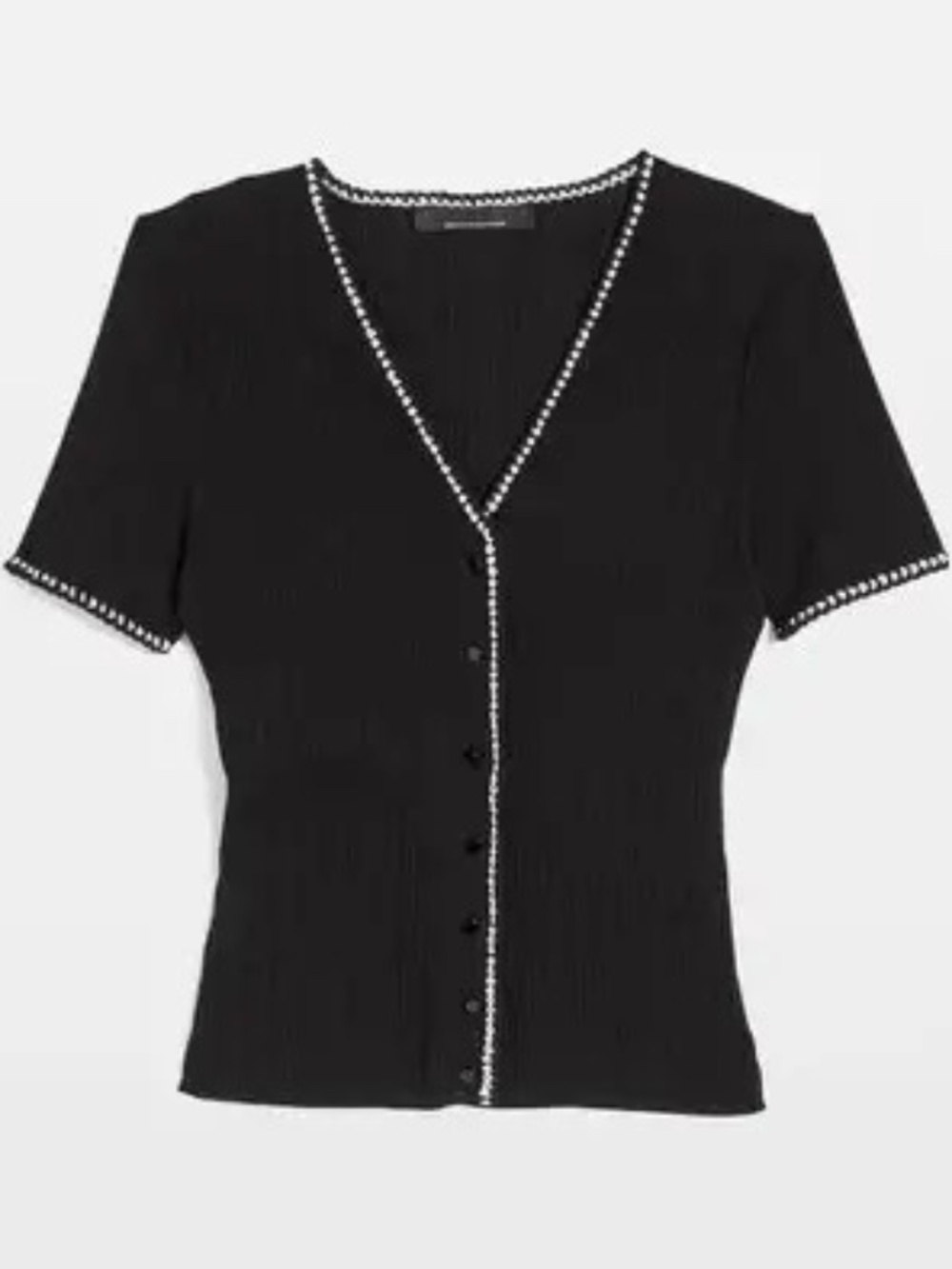 White House Black Market Black Short Sleeve White Trim Button Cardigan Sz. S